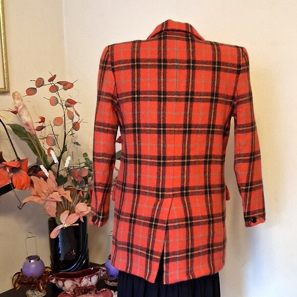 Vintage Jones New York Orang Red Wool Lined Blazer Checkered Pattern Jacket - Picture 7 of 7